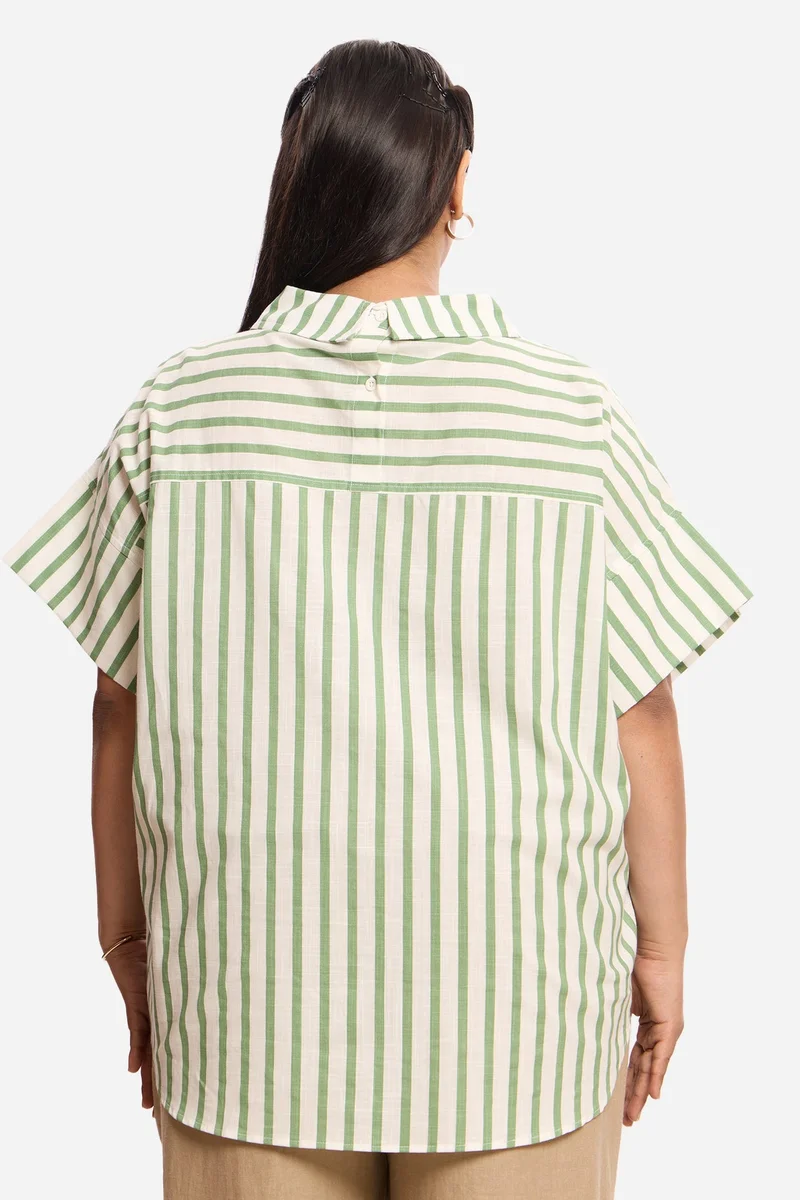 Virgio  Stripes Cotton Plus Size Shirt With Collar Detail for Women for Women | Best Price UAE