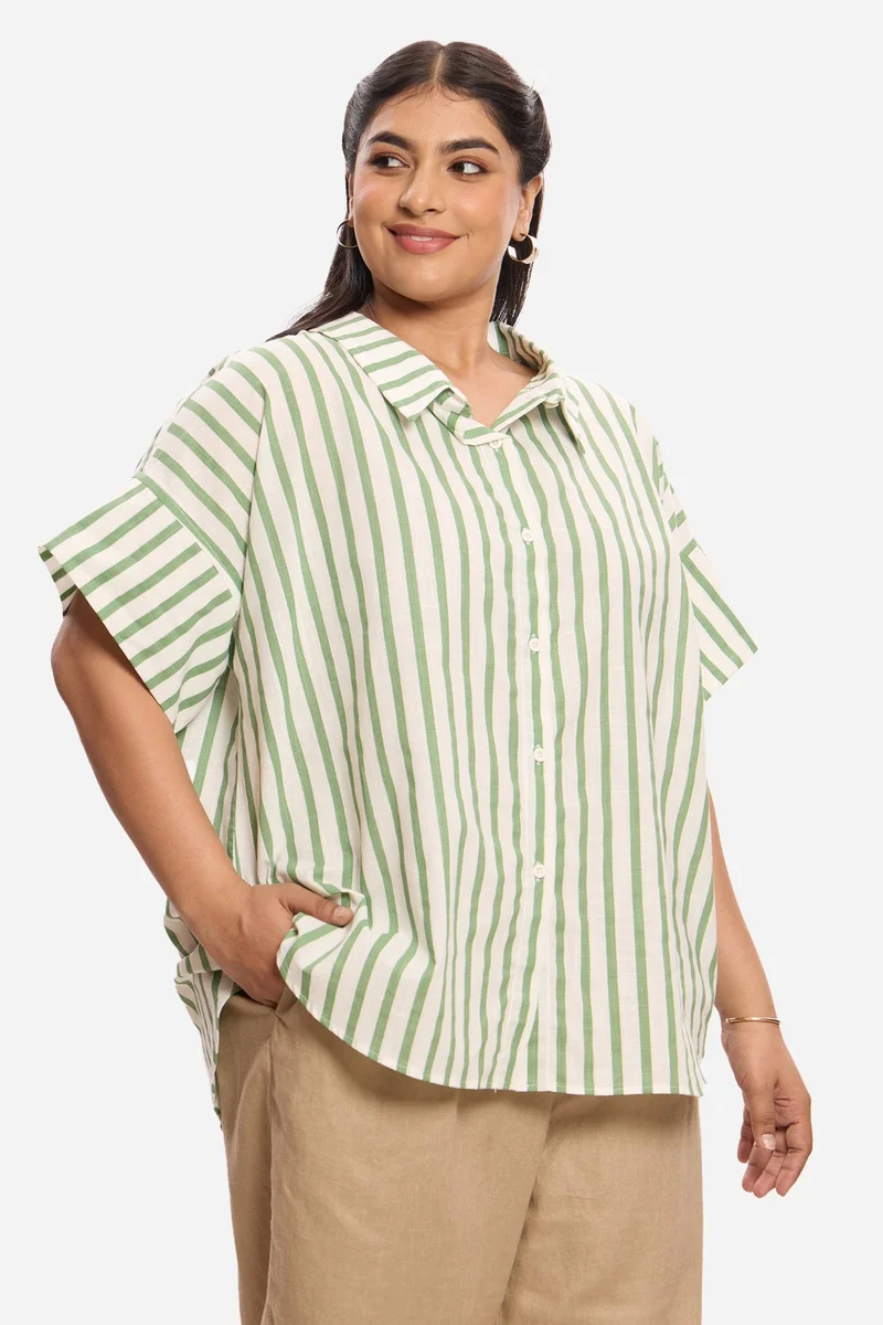 Virgio  Stripes Cotton Plus Size Shirt With Collar Detail for Women for Women | Best Price UAE