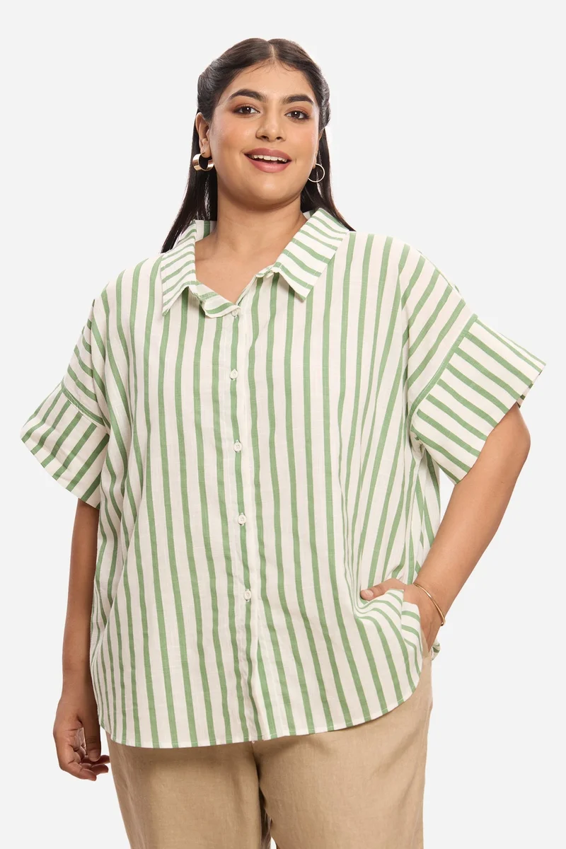 فيرجيو Stripes Cotton Plus Size Shirt With Collar Detail for Women