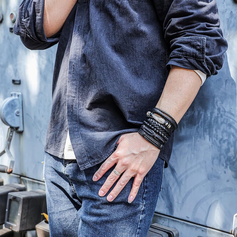 Mafnee Store Mens Bracelet Braided Leather Punk Rock Cuff Bracelets Wrap Bracelet for Men Women Black - Image 3