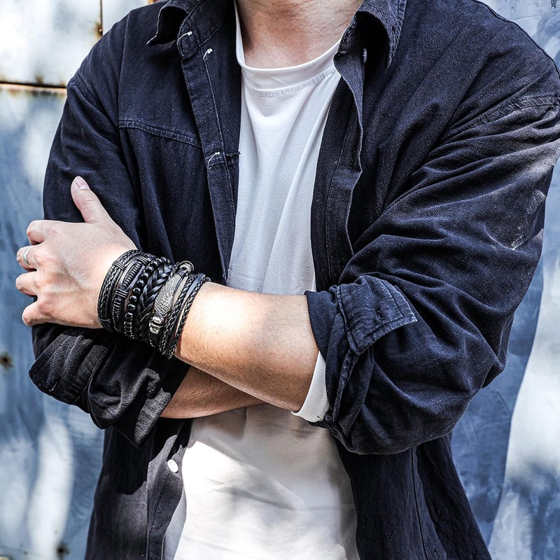 Mafnee Store Mens Bracelet Braided Leather Punk Rock Cuff Bracelets Wrap Bracelet for Men Women Black - Image 5