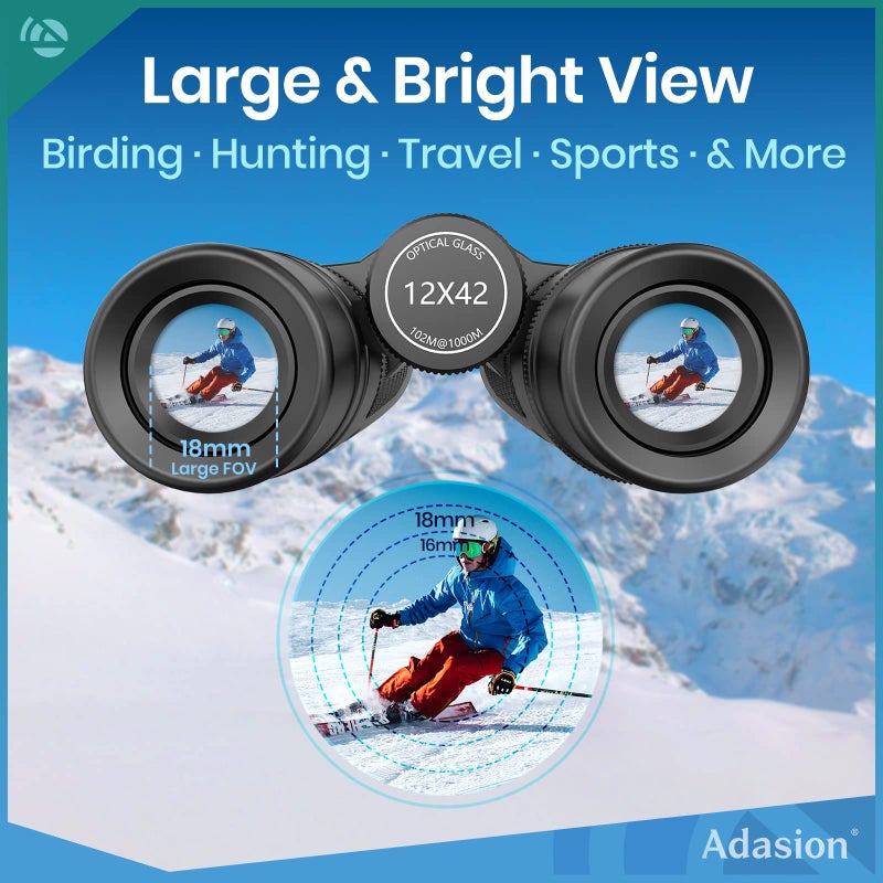 Adasion 12x42 HD Binoculars for Adults High Powered with Phone Adapter and Tripod, Super Bright BAK4 Prism Waterproof Binoculars for Bird Watching Hunting Hiking Safari Travel Sports - Image 5