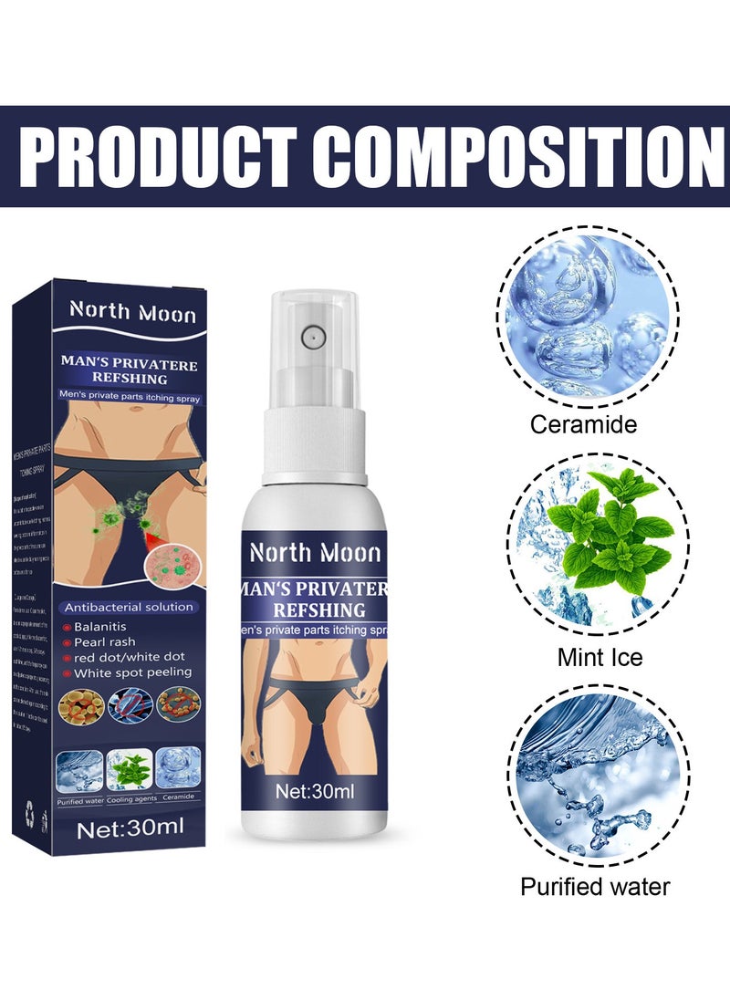 NORTH MOON - Men Anti-Ltch Spray，Private Antibacterial Spray for Skin Itching Relief,Topical Relief，Men Private Parts Antipruritic Cream Ointment to Remove Itching Peculiar Smell Dermatitis Natural Herbal Spray - Image 1
