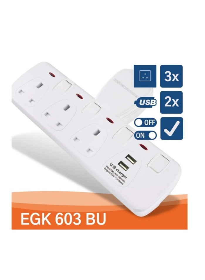 Kistenmacher 3250W 3-BS Socket 2-USB Port Lightweight Fast-Charging Compact Wall Socket Adapter White - Image 2