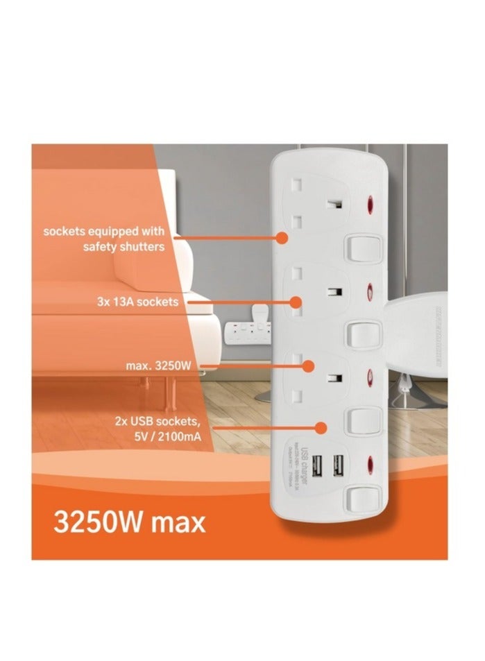 Kistenmacher 3250W 3-BS Socket 2-USB Port Lightweight Fast-Charging Compact Wall Socket Adapter White - Image 3