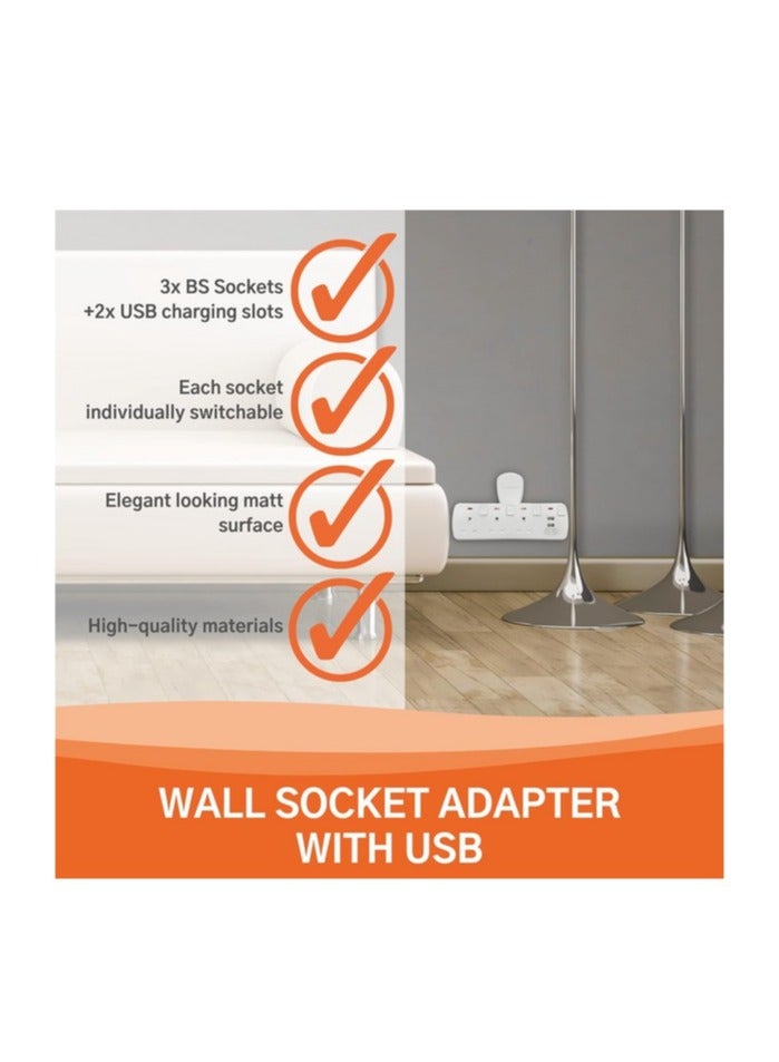 Kistenmacher 3250W 3-BS Socket 2-USB Port Lightweight Fast-Charging Compact Wall Socket Adapter White - Image 4