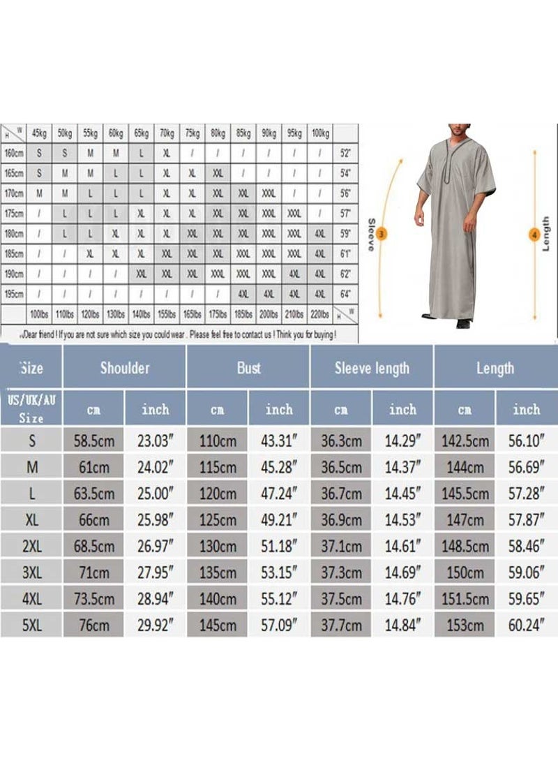 إسكدنيا Men's Muslim Loose Robe Thobe V-Neck Short Sleeve Side Split Kaftan Grey - Image 2