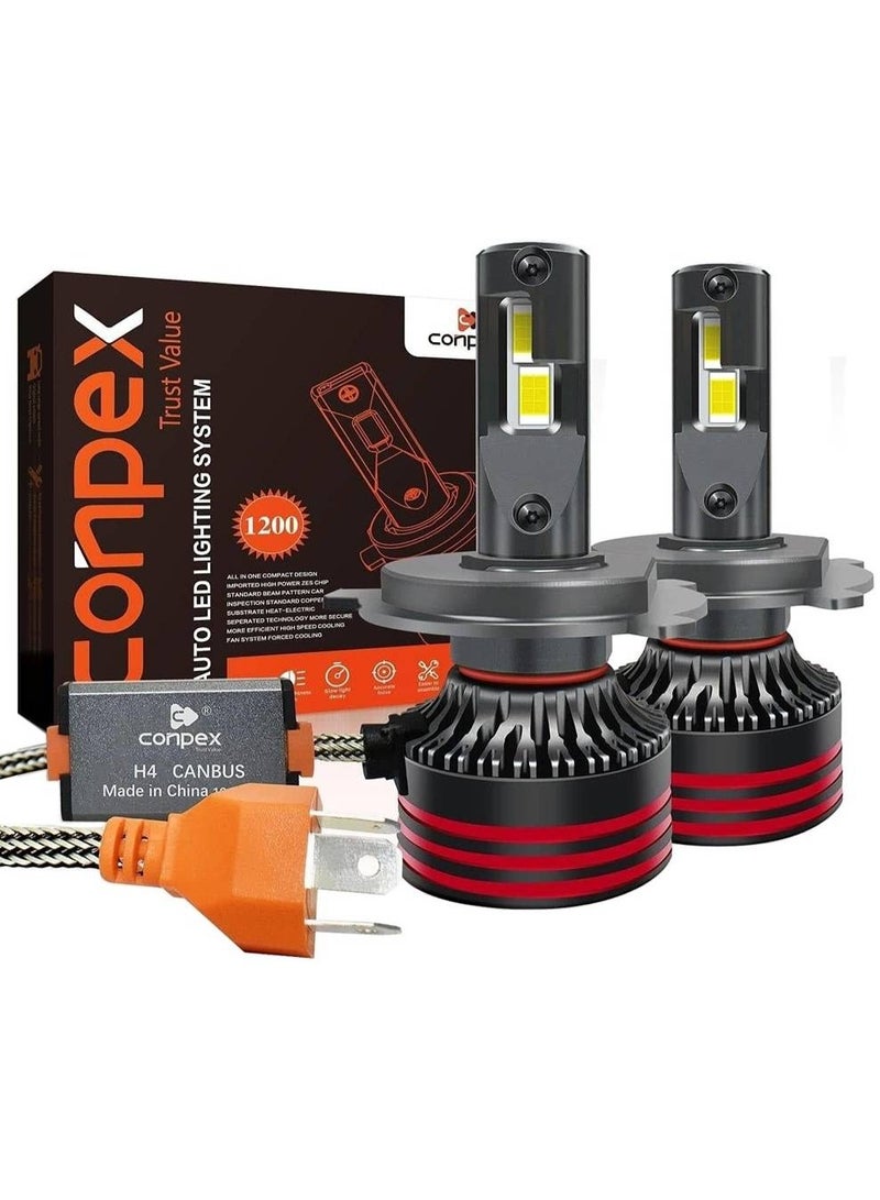 كونبيكس لمبات أمامية LED برو M8، ضوء أبيض H4، زوج مع نظام تبريد، سطوع مضاعف، عمر افتراضي 24 شهرًا، 12000 واط، 50000 لومن، تعمل بجهد DC 9V–24V، سطوع أعلى بنسبة 150% - Image 1