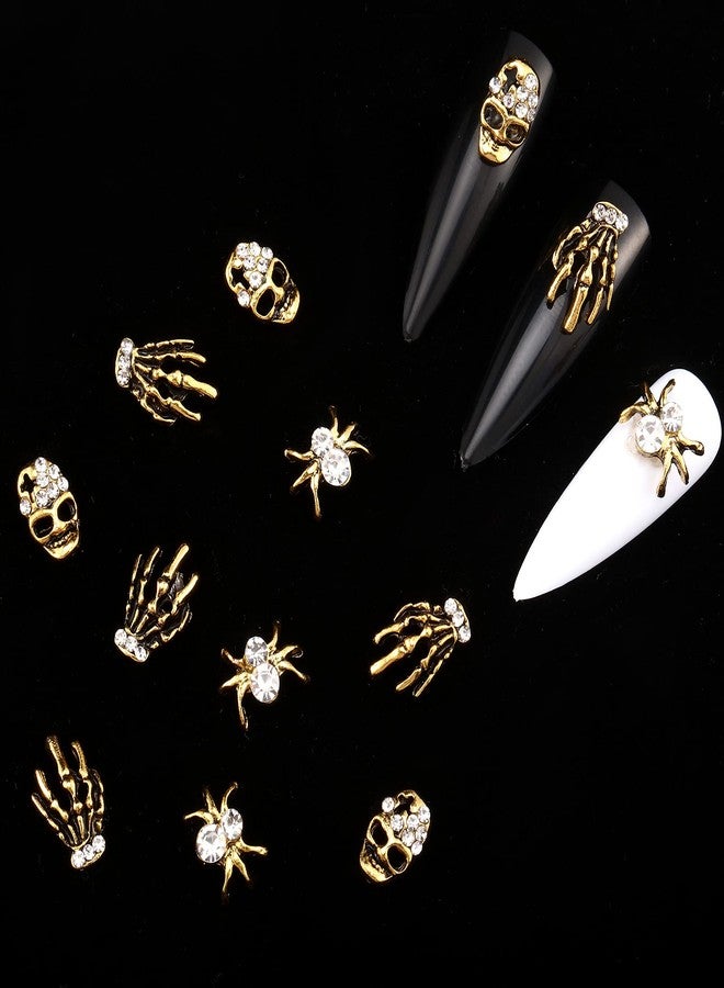 Maitys 60 Pieces Halloween Nail Charms Skull Spider Nail Charms Skull 3D Spider with Rhinestones Halloween Jewelry Vintage Alloy Skeleton Hand Accessories for Women(Antique Gold) - Image 3