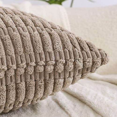 All Smiles Couch Decorative Throw Pillow Covers 18x18 Set of 4 Neutral Winter Farmhouse Rustic Boho Home Decor Soft Plush Striped Corduroy Square Cushion Case for Living Room Bed SOFE - Image 3