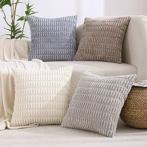 All Smiles Couch Decorative Throw Pillow Covers 18x18 Set of 4 Neutral Winter Farmhouse Rustic Boho Home Decor Soft Plush Striped Corduroy Square Cushion Case for Living Room Bed SOFE - Image 1