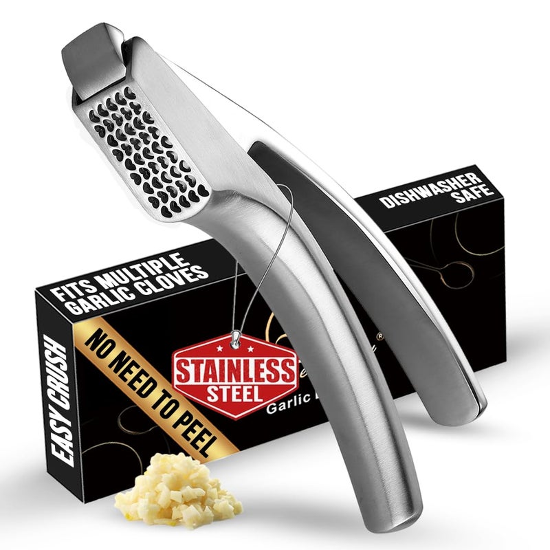 Gourmet Easy No Peeling Required Garlic Press Stainless Steel Detachable Handle for Coarse Mince Premium Garlic Mince Tool RustProof Easy to Clean Dishwasher Safe Garlic Crusher Lifetime Replacement 