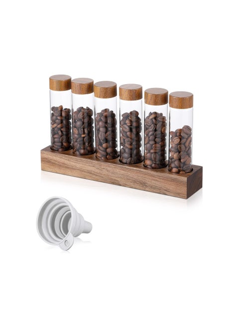 Coffee Bean Storage Tubes Jar, Single Dose 2 oz Borosilicate Glass, Coffee Bean Container, Cellar Sealed Airtight Coffee Canisters, for Countertop with Wooden Holder Stand and Funnel (6 Grid)