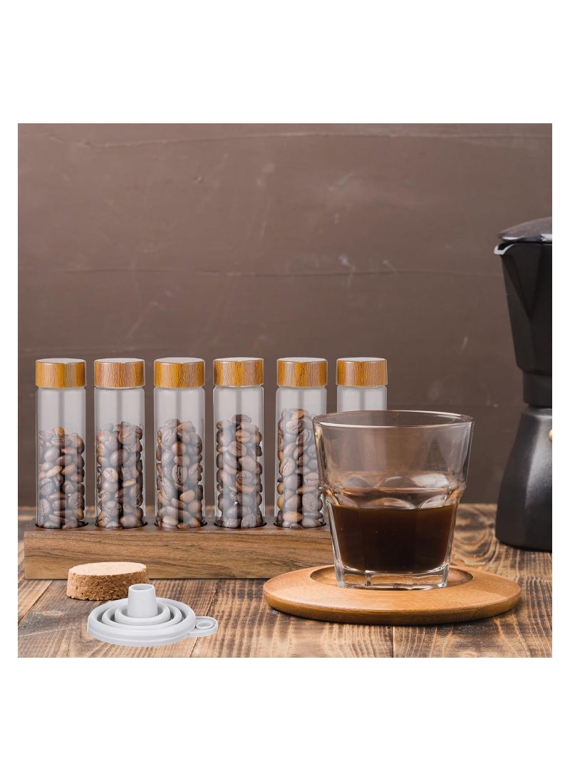 Coffee Bean Storage Tubes Jar, Single Dose 2 oz Borosilicate Glass, Coffee Bean Container, Cellar Sealed Airtight Coffee Canisters, for Countertop with Wooden Holder Stand and Funnel (6 Grid)