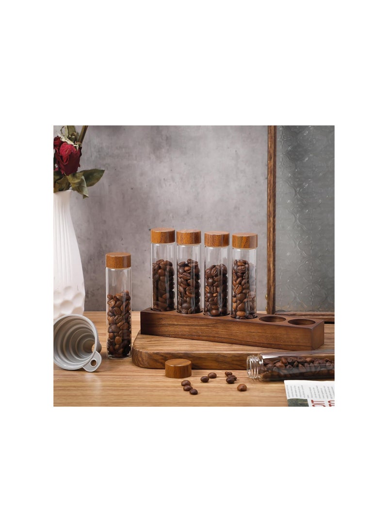 Coffee Bean Storage Tubes Jar, Single Dose 2 oz Borosilicate Glass, Coffee Bean Container, Cellar Sealed Airtight Coffee Canisters, for Countertop with Wooden Holder Stand and Funnel (6 Grid)