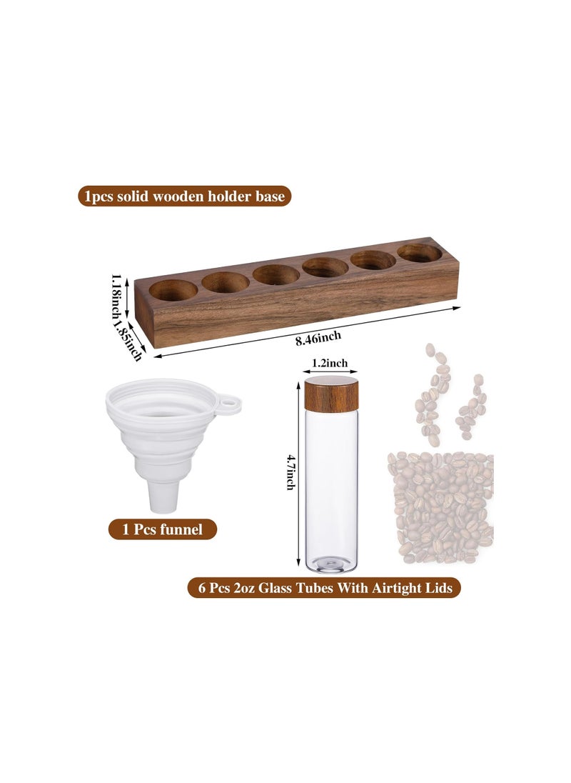 Coffee Bean Storage Tubes Jar, Single Dose 2 oz Borosilicate Glass, Coffee Bean Container, Cellar Sealed Airtight Coffee Canisters, for Countertop with Wooden Holder Stand and Funnel (6 Grid)