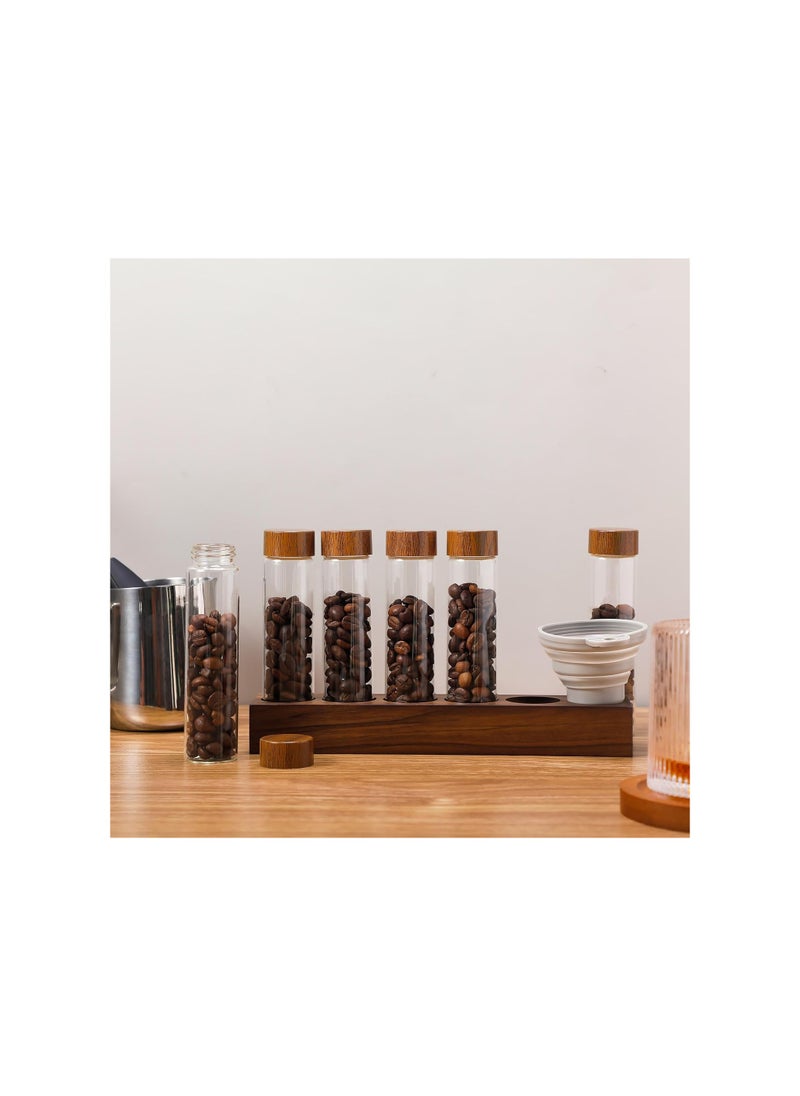 Coffee Bean Storage Tubes Jar, Single Dose 2 oz Borosilicate Glass, Coffee Bean Container, Cellar Sealed Airtight Coffee Canisters, for Countertop with Wooden Holder Stand and Funnel (6 Grid)