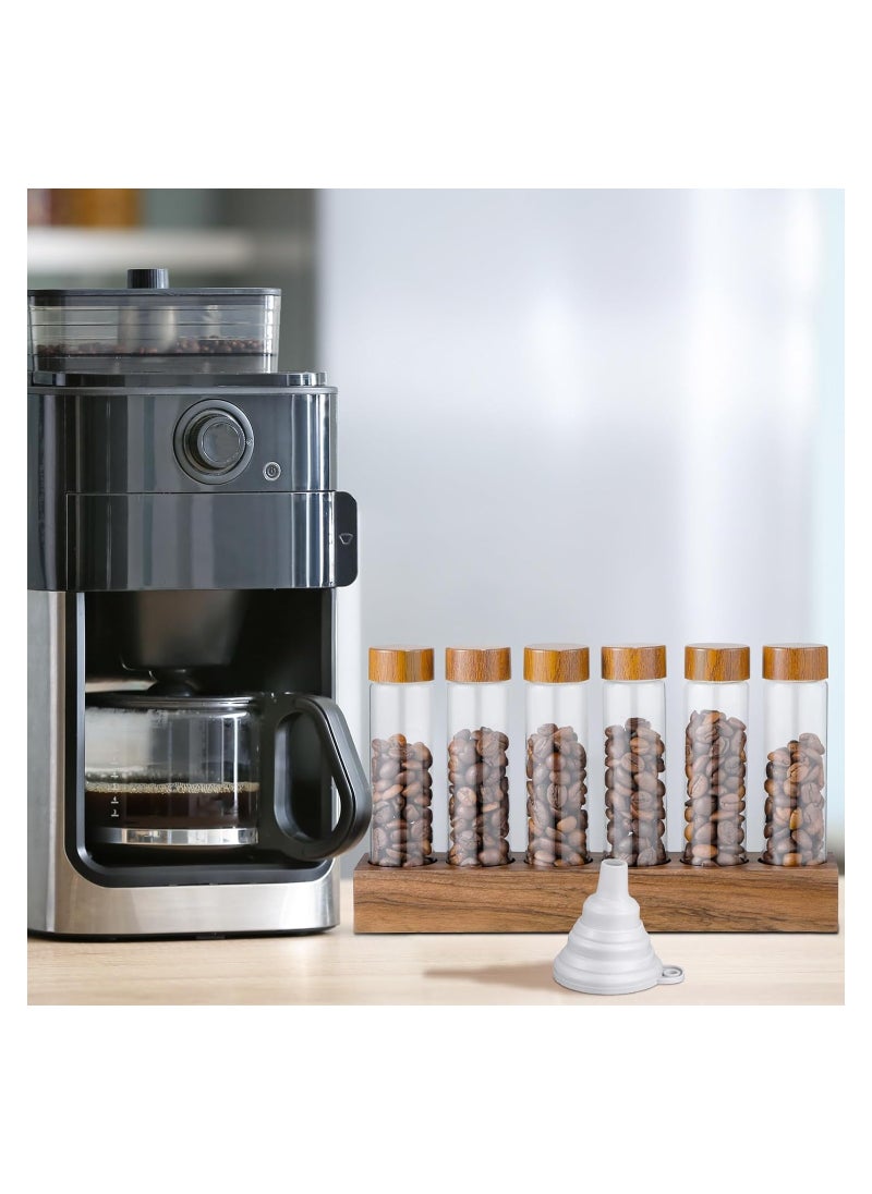 Coffee Bean Storage Tubes Jar, Single Dose 2 oz Borosilicate Glass, Coffee Bean Container, Cellar Sealed Airtight Coffee Canisters, for Countertop with Wooden Holder Stand and Funnel (6 Grid)
