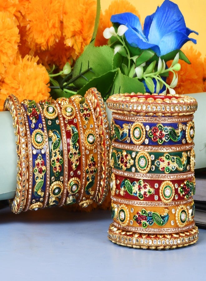 EMERY Multicolour Peacock Chuda Bangles Set - Pack of 22 with Gold Nikhar Bangles, Kada, and Rajwada Design Perfect for Weddings, Engagements, and Festivals! (2.4) - Image 5
