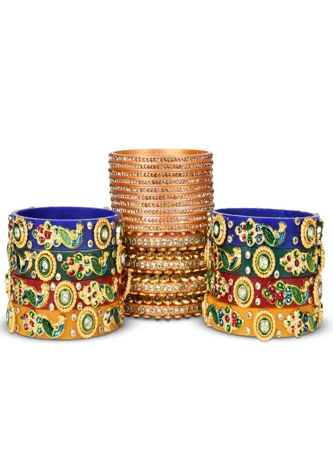 EMERY Multicolour Peacock Chuda Bangles Set - Pack of 22 with Gold Nikhar Bangles, Kada, and Rajwada Design Perfect for Weddings, Engagements, and Festivals! (2.4) - Image 4
