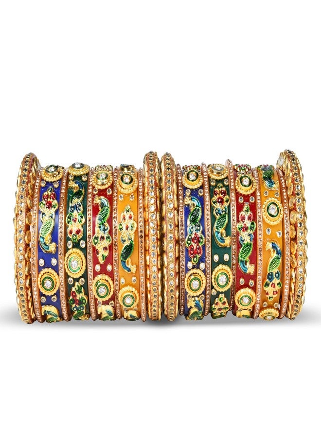 EMERY Multicolour Peacock Chuda Bangles Set - Pack of 22 with Gold Nikhar Bangles, Kada, and Rajwada Design Perfect for Weddings, Engagements, and Festivals! (2.4) - Image 2
