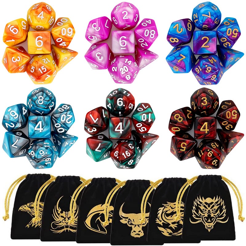 QMay DND Dice Sets - 6 X 7 Polyhedral Dice (42pcs) with 6 Drawstring Bags for Dungeons and Dragons, RPG, MTG,Role Playing Table Game - Image 1