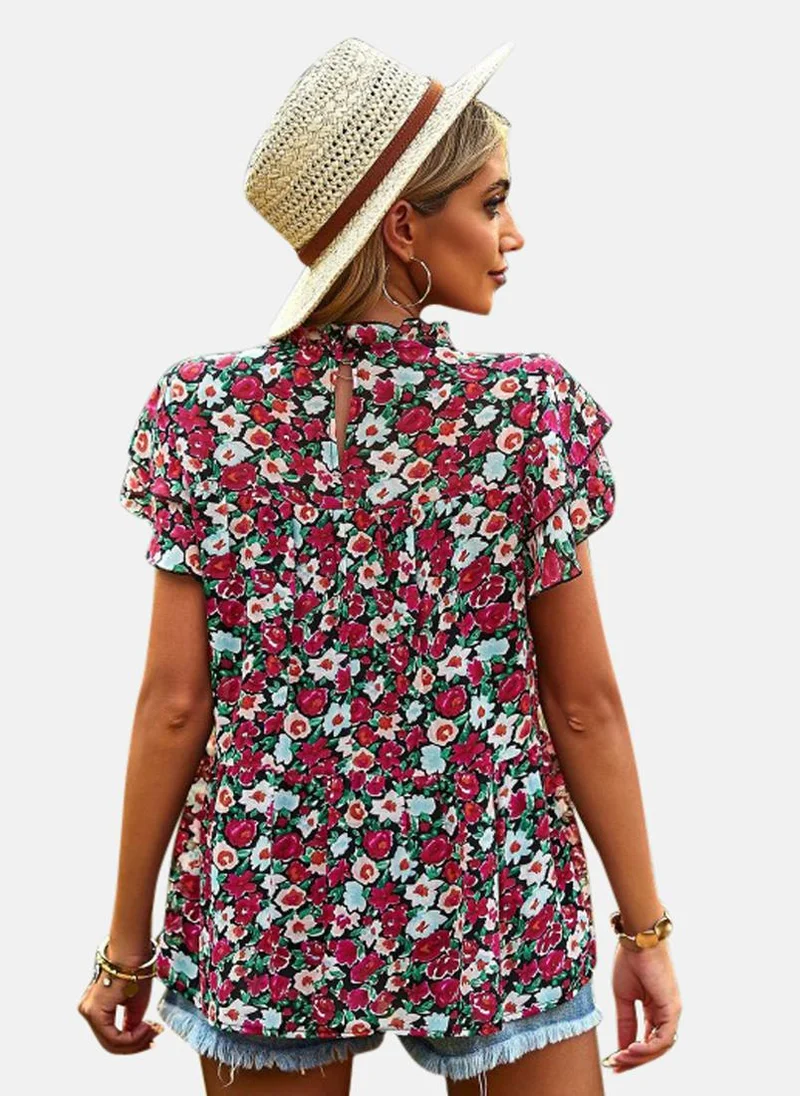 YUNIQEE Red High Neck Printed Top