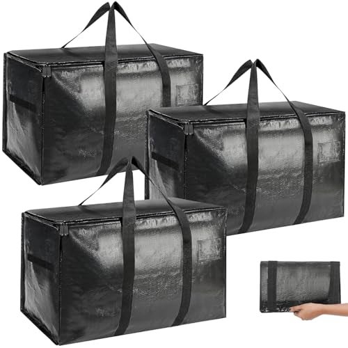 ABOUT SPACE Polypropylene 3 Pcs Extra Large Moving Bag 105 L Storage Bags For Clothes - Packing Bags For Shifting- Organizer Bag For Books, Blanket Cover Bag With Wrap Around Handles & Zipper - Black - Image 1