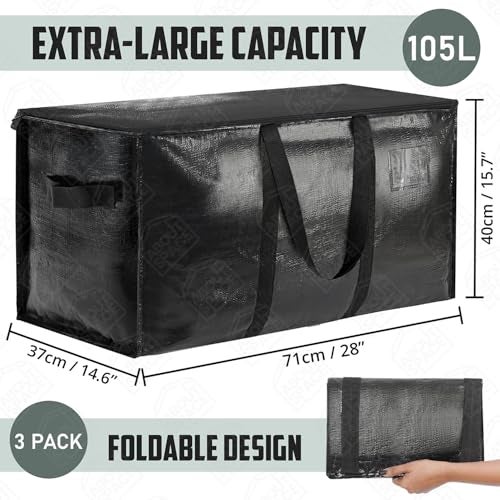 ABOUT SPACE Polypropylene 3 Pcs Extra Large Moving Bag 105 L Storage Bags For Clothes - Packing Bags For Shifting- Organizer Bag For Books, Blanket Cover Bag With Wrap Around Handles & Zipper - Black - Image 2