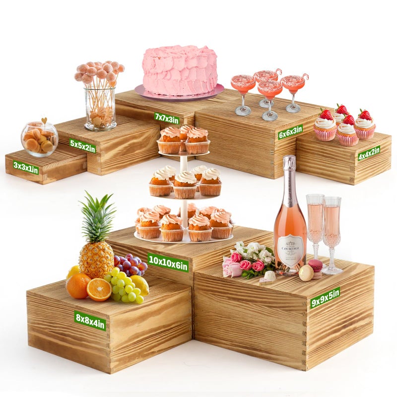 Budiwati 8-Pack Pine Wood Buffet Risers, Multi-Size Nesting Cube Food Display Stands for Buffet Table & Catering, Hollow Bottoms Food Risers for Multi-Level Buffet Presentation - Image 1