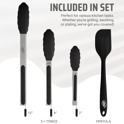 Kaluns Kitchen Tongs for Cooking Grilling Set of 4, BBQ Grill Tongs With Silicone Tip Stainless Steel Heat Resistant, Non-stick Pull Lock, Incl 7, 9, 12 Inch Tong Plus a Silicone Spatula - Image 2