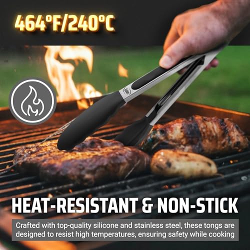 Kaluns Kitchen Tongs for Cooking Grilling Set of 4, BBQ Grill Tongs With Silicone Tip Stainless Steel Heat Resistant, Non-stick Pull Lock, Incl 7, 9, 12 Inch Tong Plus a Silicone Spatula - Image 5