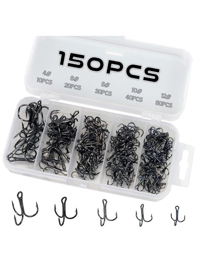 Piscorush 150Pcs Fishing Treble Hooks High Carbon Steel Fishing Hooks Classic Round Bend Triple Hooks Strong Sharp Treble Hooks Fishing Tackle (Set A 150pcs (4#10 6#20 8#30 10#40 12#50)) - Image 1