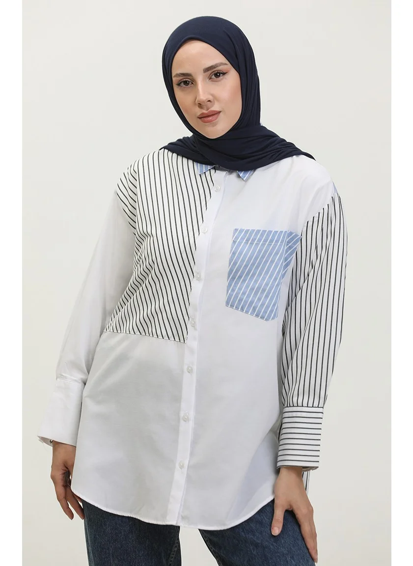Sefa Merve Garnished Striped Shirt 4810B-01 White