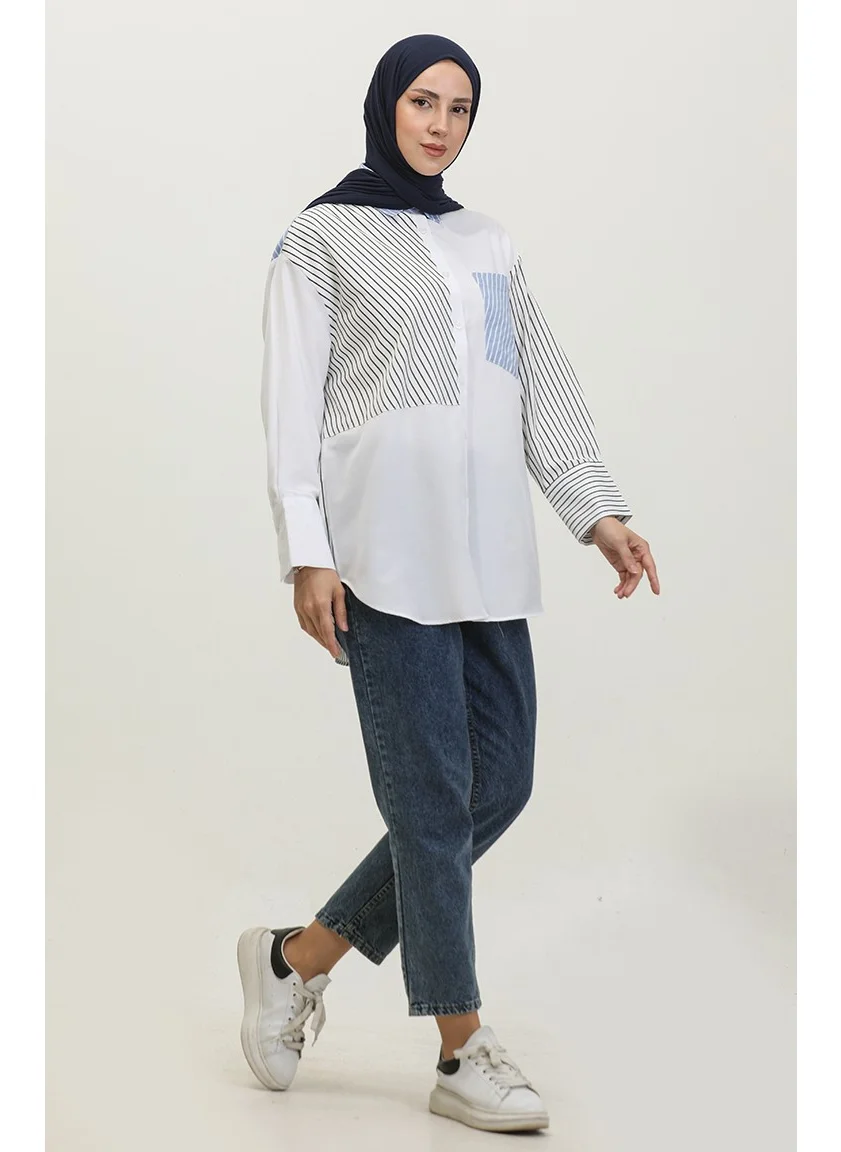 Sefa Merve Garnished Striped Shirt 4810B-01 White