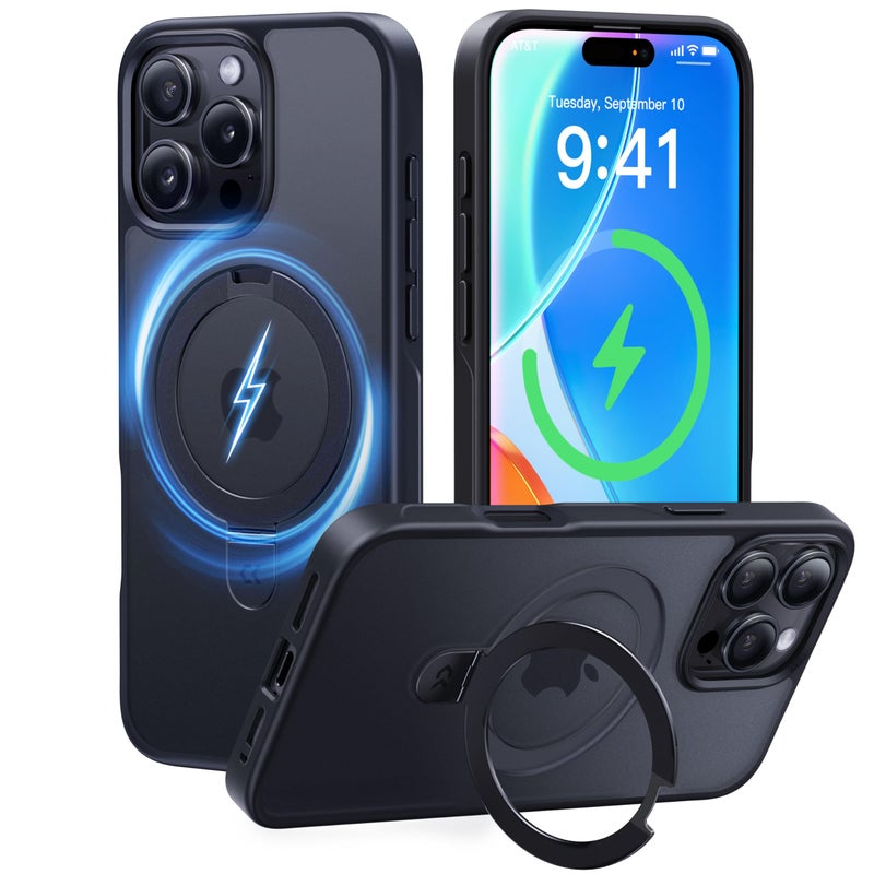 CASEKOO Ultra-Magnetic Stand for iPhone 16 Pro Case [Military Drop Protection] [Compatible with MagSafe] Shockproof Translucent Matte Slim Ring Holder Case for iPhone 16 Pro 6.3", Black - Image 1