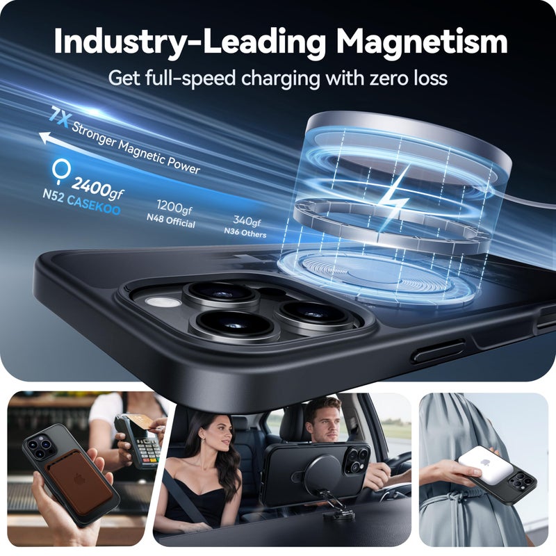 CASEKOO Ultra-Magnetic Stand for iPhone 16 Pro Case [Military Drop Protection] [Compatible with MagSafe] Shockproof Translucent Matte Slim Ring Holder Case for iPhone 16 Pro 6.3", Black - Image 2