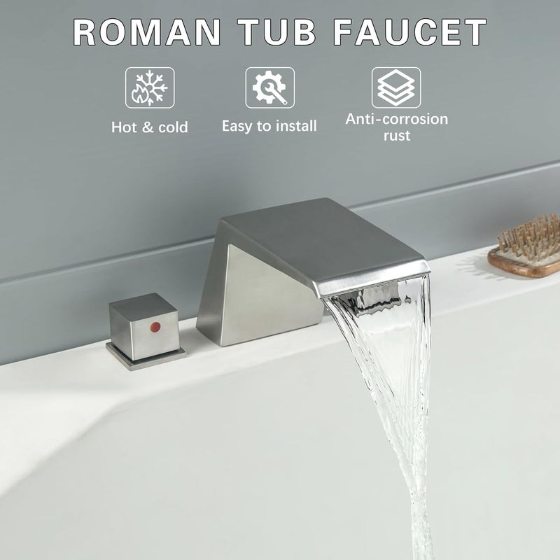 LIWEIKE Roman Tub Faucet, Brushed Nickel Bathtub Faucet Set with 2 Handle Waterfall Tub Faucet for 3 Hole - Image 2