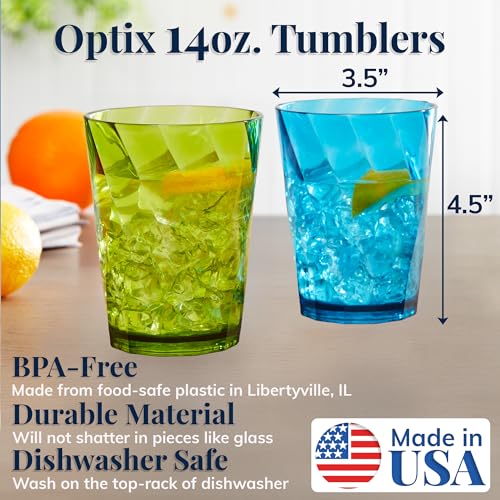 US Acrylic Optix Plastic Reusable Drinking Glasses (Set of 8) 14oz Rocks Cups in Jewel Tone Colors | BPA-Free Tumblers, Made in USA | Top-Rack Dishwasher Safe - Image 2