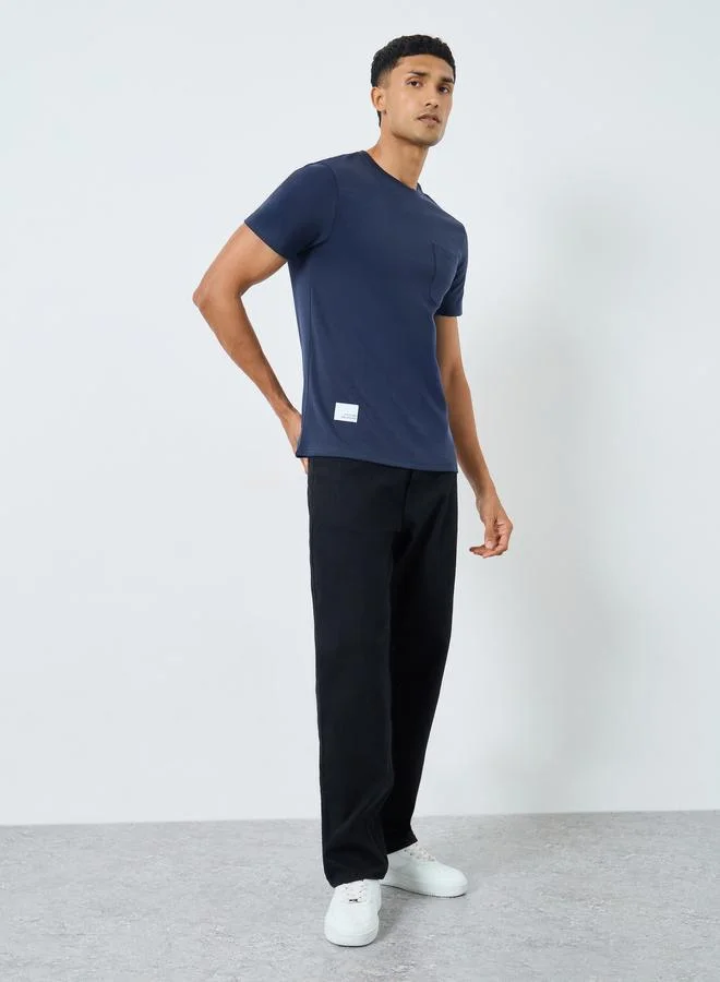 Styli Navy Blue Solid Crew Neck T-Shirt