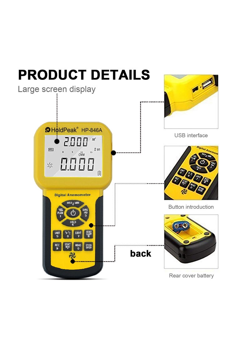 HoldPeak - HVAC Anemometer HOLDPEAK 846A Handheld CFM Anemometer Measures Wind Speed Air Flow Wind Temperature with Backlight Max/Min/Avg Data Logger and Carry Case - Image 1