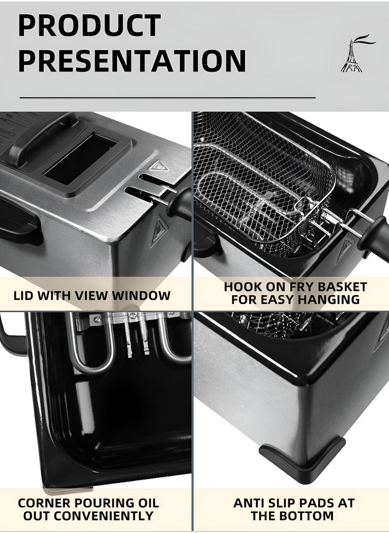 DSP - Electric Immersion Deep Fryer Removable Basket Adjustable Temperature Lid with Viewing Window Stainless Steel 3.5L 2000 Watt - Image 1
