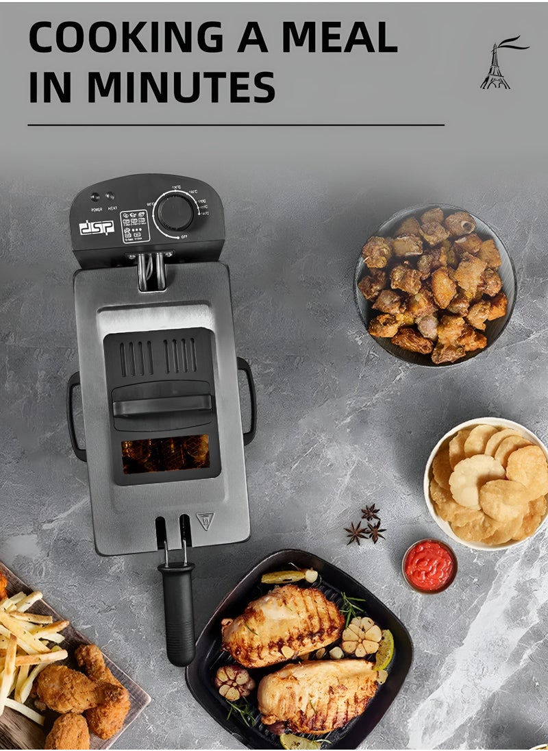 DSP Electric Immersion Deep Fryer Removable Basket Adjustable Temperature Lid with Viewing Window Stainless Steel 3.5L 2000 Watt  - Image 2