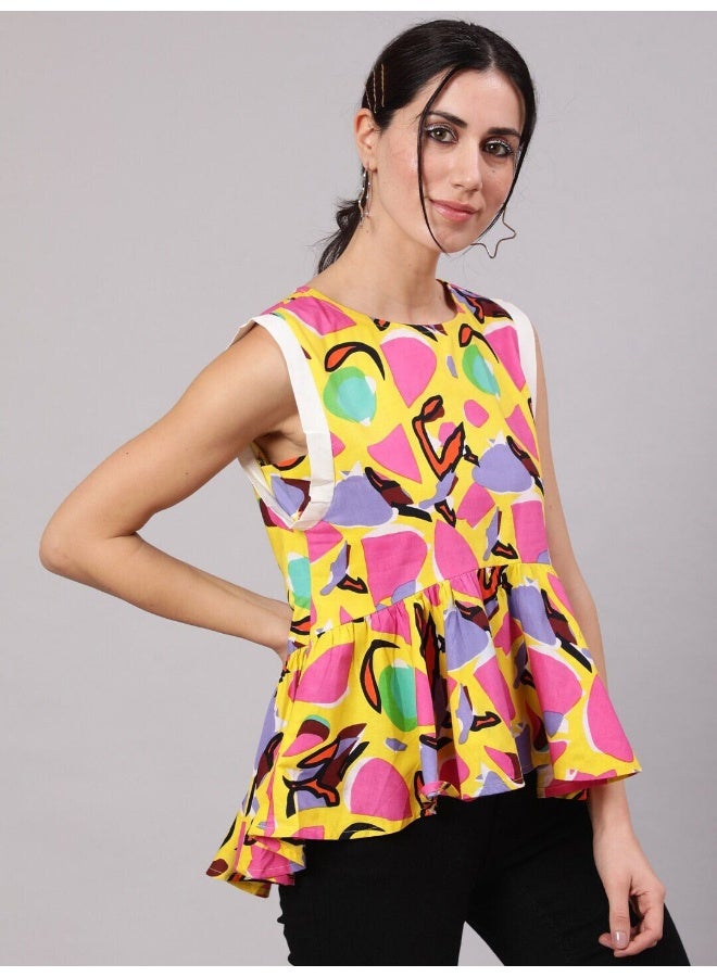 AKS Yellow Printed Gathered Top  - Image 1