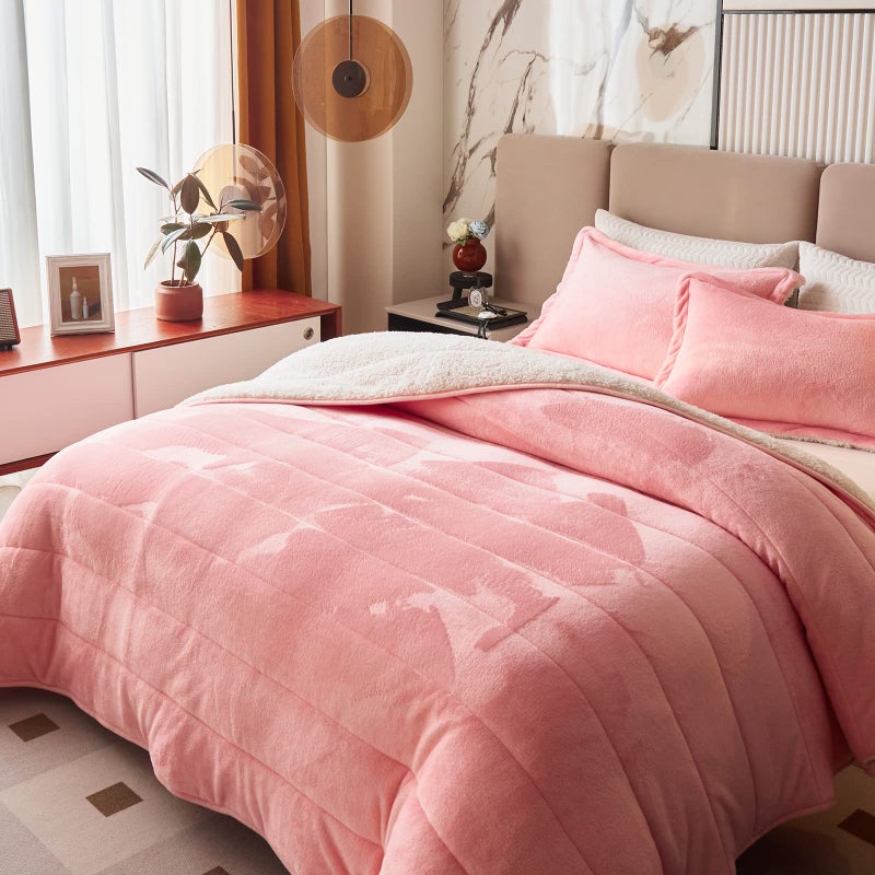 3Layer Luxury Flannel Fleece Thick Bed Blanket Full Queen Size Blush Pink Soft Plush Velvet Sherpa Blanket Set with 2 Pillow Shams Heavy Warm for Winter Breathable n Washable Pink