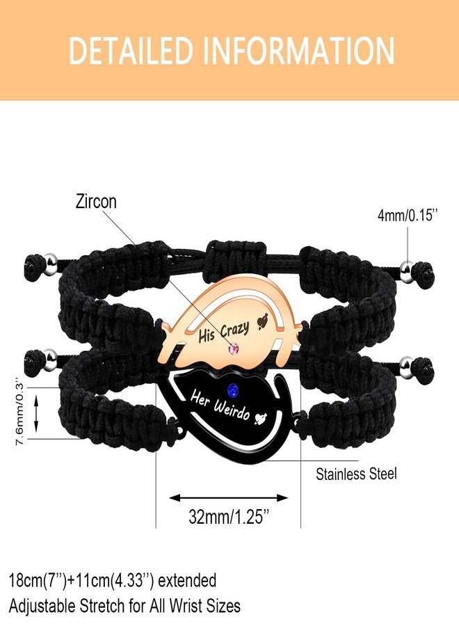Uloveido 2Pcs Black/Rose Gold Heart Shaped Zircon Couple Bracelet, Carved His Crazy and Her Weird Stainless Steel Handwoven Bracelet, Gift for Girlfriend - Image 3