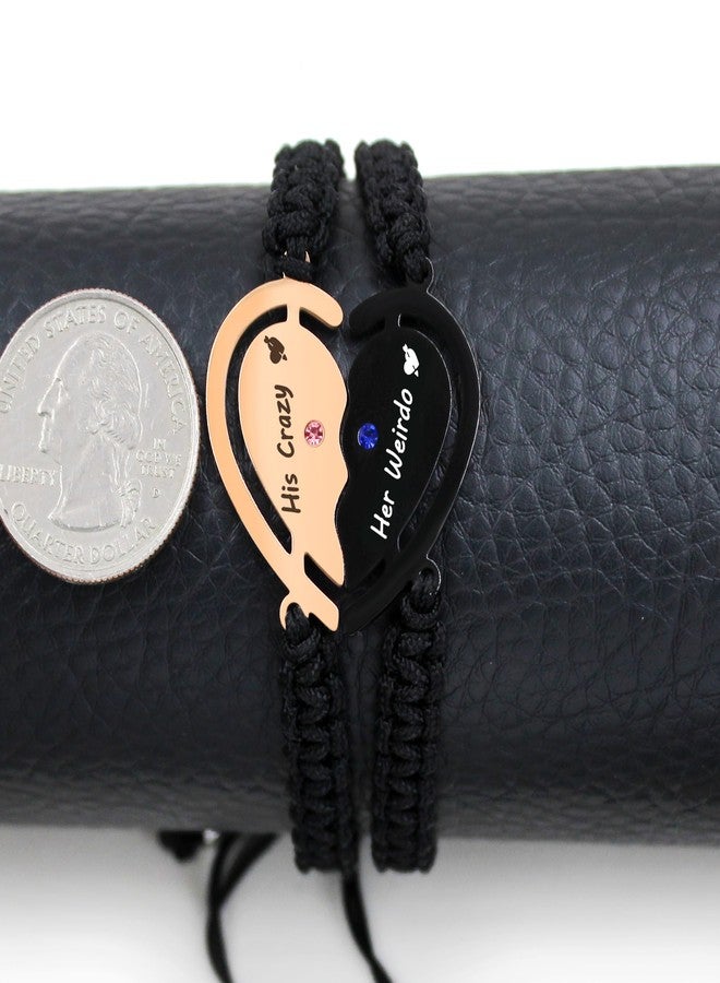 Uloveido 2Pcs Black/Rose Gold Heart Shaped Zircon Couple Bracelet, Carved His Crazy and Her Weird Stainless Steel Handwoven Bracelet, Gift for Girlfriend - Image 5