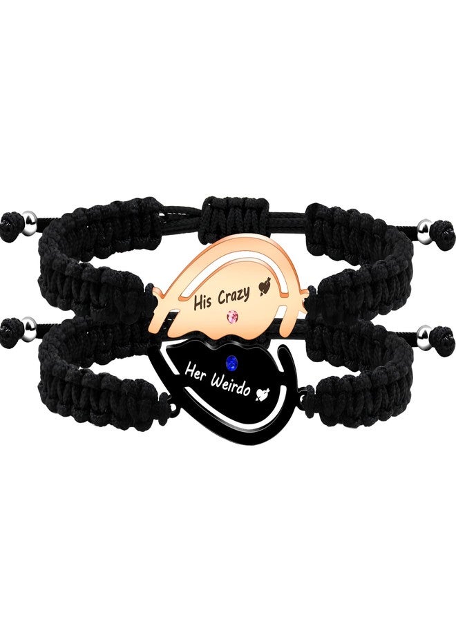 Uloveido 2Pcs Black/Rose Gold Heart Shaped Zircon Couple Bracelet, Carved His Crazy and Her Weird Stainless Steel Handwoven Bracelet, Gift for Girlfriend - Image 1
