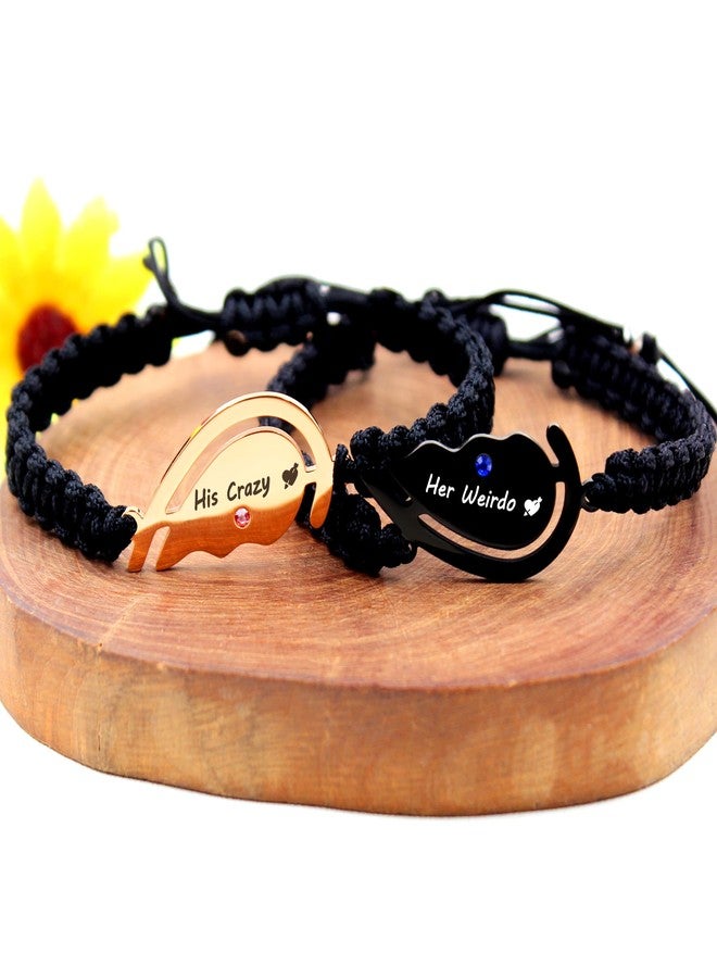 Uloveido 2Pcs Black/Rose Gold Heart Shaped Zircon Couple Bracelet, Carved His Crazy and Her Weird Stainless Steel Handwoven Bracelet, Gift for Girlfriend - Image 4