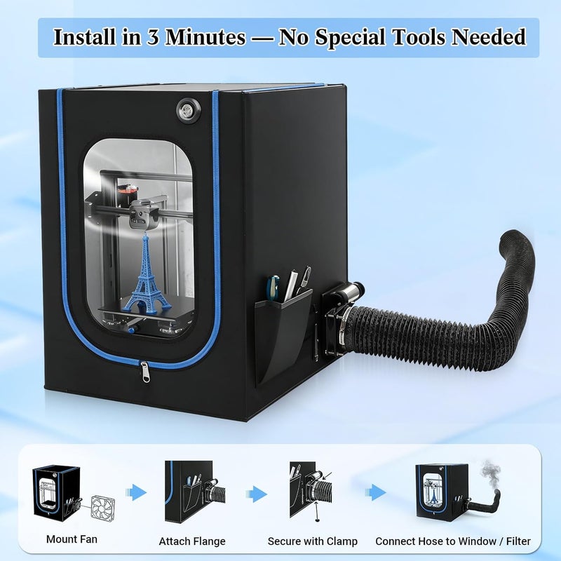 Baquler Fan Fume Extraction Kit for 3D Printer Enclosure 4000 RPM High-Efficiency Ventilation Low Noise Fan with Exhaust Pipe Flange Mesh Cover for Air Circulation Odors Smoke Harmful Particle Dust - Image 4